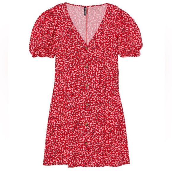 H&M Red Ditsy Floral Boho Festival Shortsleeved Flowy Mini Button Front Sundress - Picture 2 of 7